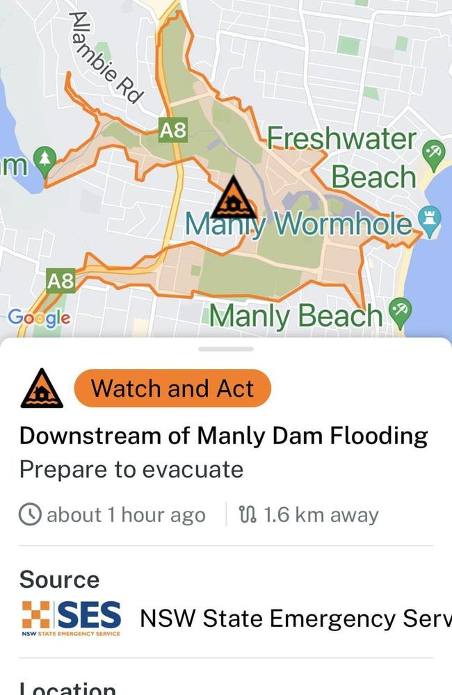 A Watch and Act - Prepare to Evacuate warning has been issued on Saturday morning for downstream of Manly Dam which started spilling overnight.