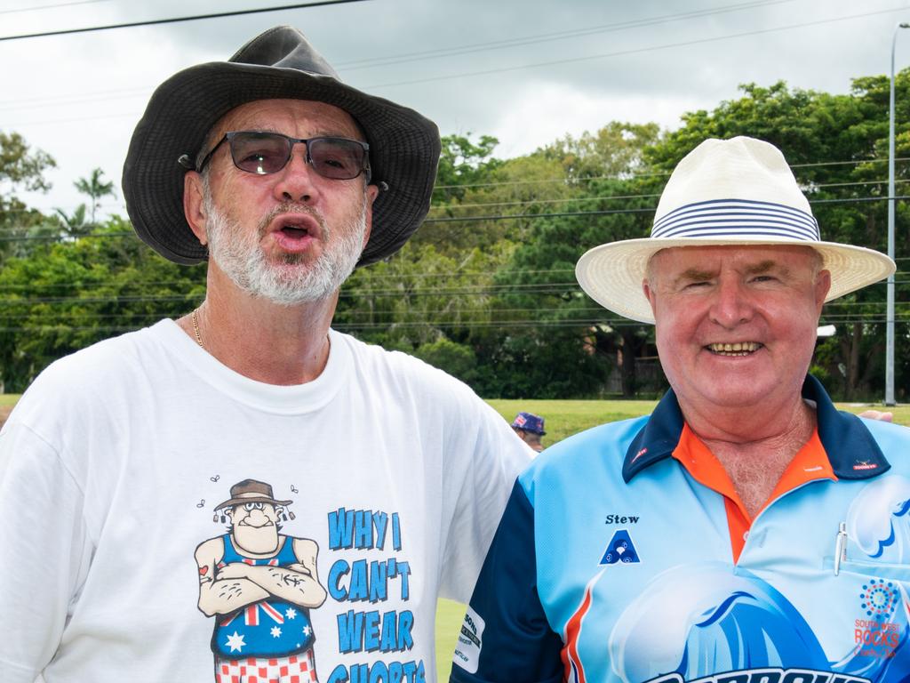 Mick Godfrey and Stewart Larkings from Blacks Beach at Australia Day @ The Bowlsie Northern Beaches Bowls club.Picture: Michaela Harlow