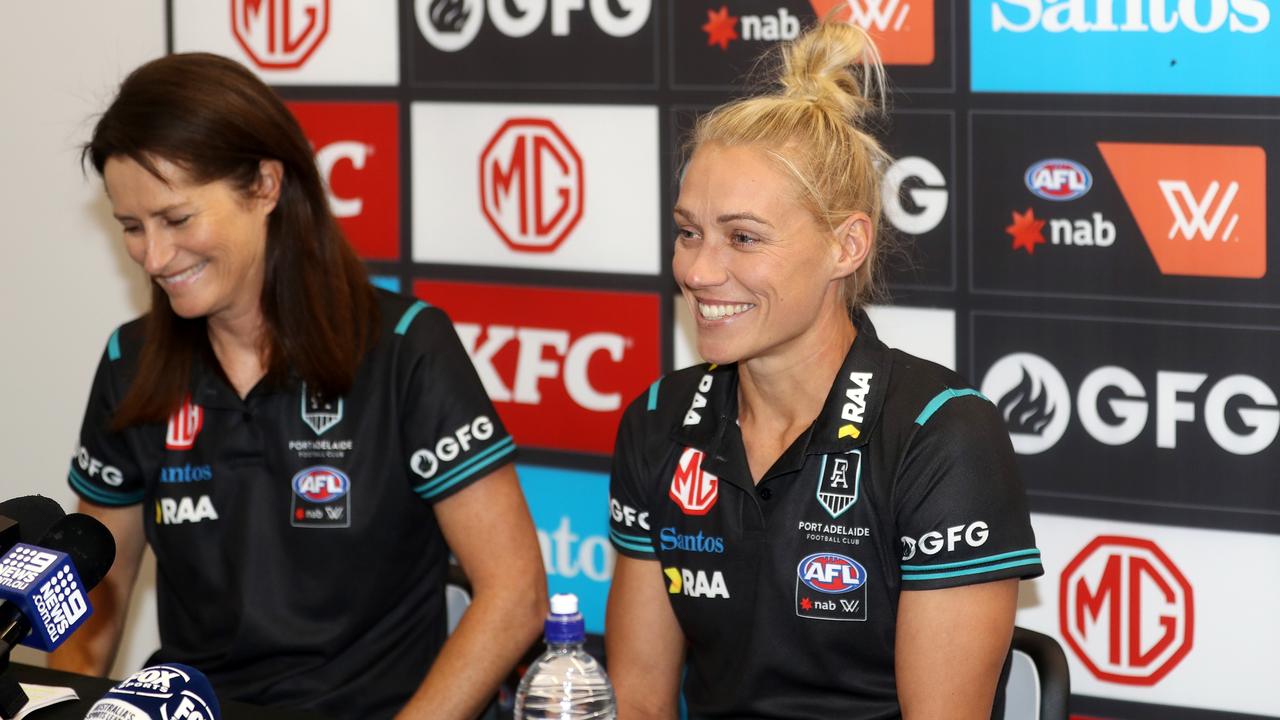 Erin Phillips speaks to the media after announcing she intends to sign with Port Adelaide for the next AFLW season. She sits alongside Port Adelaide’s head of the AFLW program, Juliet Haslam. Picture: Sarah Reed/Getty Images