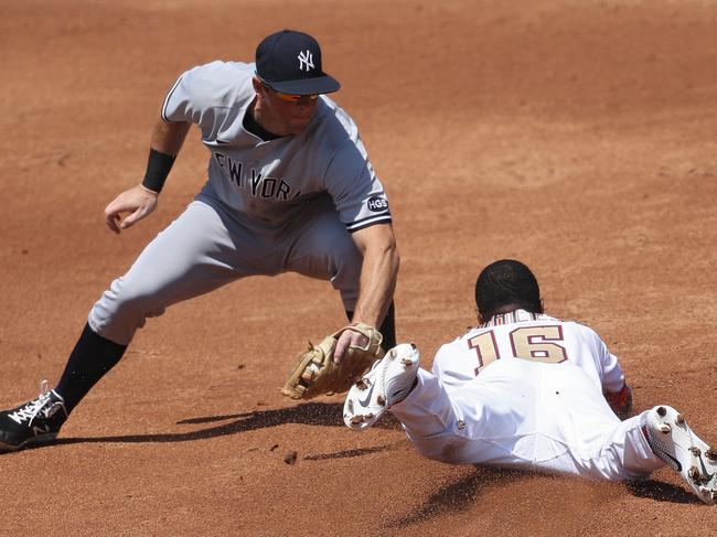 WASHINGTON, DC - JULY 26: Victor Robles #16 of the Washington Nationals is caught stealing against the New York Yankees during the second inning at Nationals Park on July 26, 2020 in Washington, DC. (Photo by Patrick Smith/Getty Images)