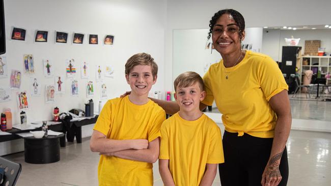 Oliver Bosward and Xavier Diamond from the Hills Shire with Paulini Curuenvauli at rehearsals for Joseph and the Technicolor Dreamcoat at the Academy of Music and Performing Arts in Alexandria. Picture: Lara Jane Photography