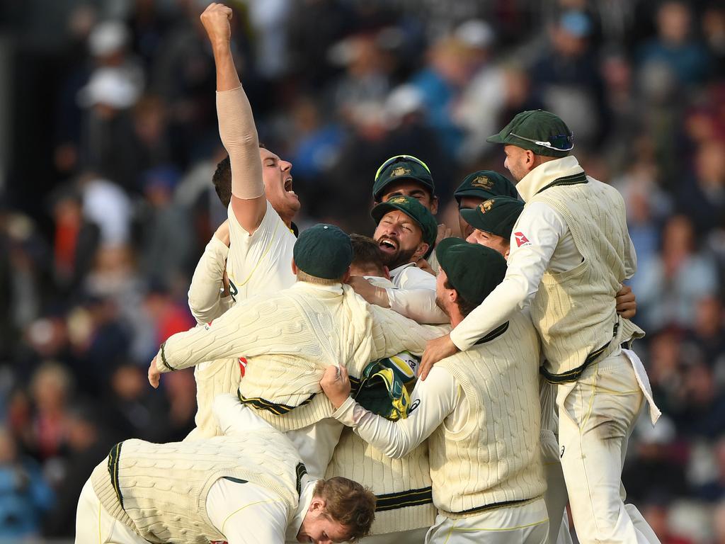 Josh Hazlewood celebrates after taking the final wicket of England batsman Craig Overton to win the Test at Old Trafford. Picture: Stu Forster/Getty Images