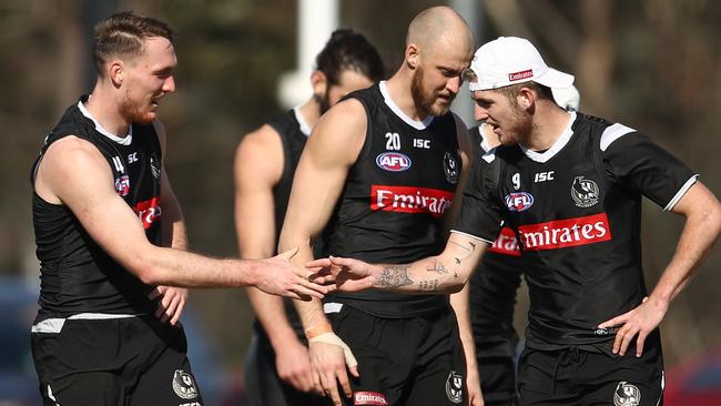 Sam Murray with teammates at Collingwood training in August. Picture: Getty Images