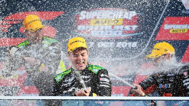 Craig Lowndes celebrates his win at the Bathurst 1000.