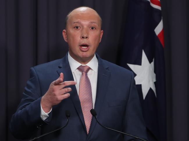 Minister for Home Affairs Peter Dutton holding a press conference at Parliament House in Canberra. Picture Kym Smith