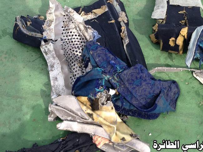 This picture posted Saturday, May 21, 2016, on the official Facebook page of the Egyptian Armed Forces spokesman shows part of a plane chair from EgyptAir flight 804. Search crews found floating human remains, luggage and seats from the doomed EgyptAir jetliner Friday but face a potentially more complex task in locating bigger pieces of wreckage and the black boxes vital to determining why the plane plunged into the Mediterranean. Arabic reads: “ Part of plane chair”. (Egyptian Armed Forces via AP)