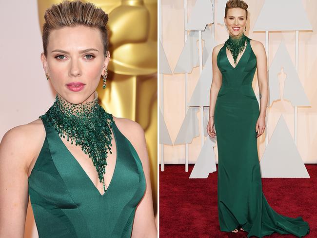 One of Aly Scott’s clients, Scarlett Johansson, rocking a bright colour at the Oscars in 2015. Picture: Getty