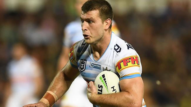 TOWNSVILLE, AUSTRALIA - MAY 03: Jai Arrow of the Titans runs the ball during the round eight NRL match between the North Queensland Cowboys and the Gold Coast Titans at 1300SMILES Stadium on May 03, 2019 in Townsville, Australia. (Photo by Ian Hitchcock/Getty Images)