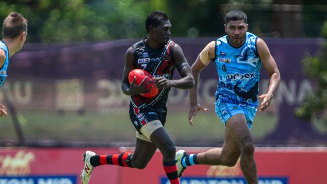 Michael Thompson playing for the Tiwi Bombers against the Darwin Buffaloes in Round 4 of the 2024-25 NTFL season. Picture: Pema Tamang Pakhrin