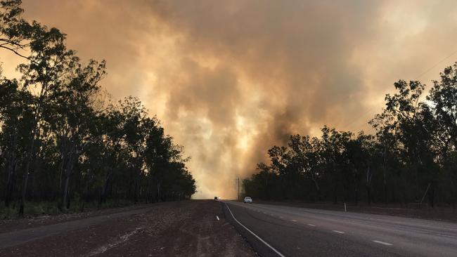 A fire burning on the Arnhem Hwy, just before Produce Rd. Picture: Che Chorley