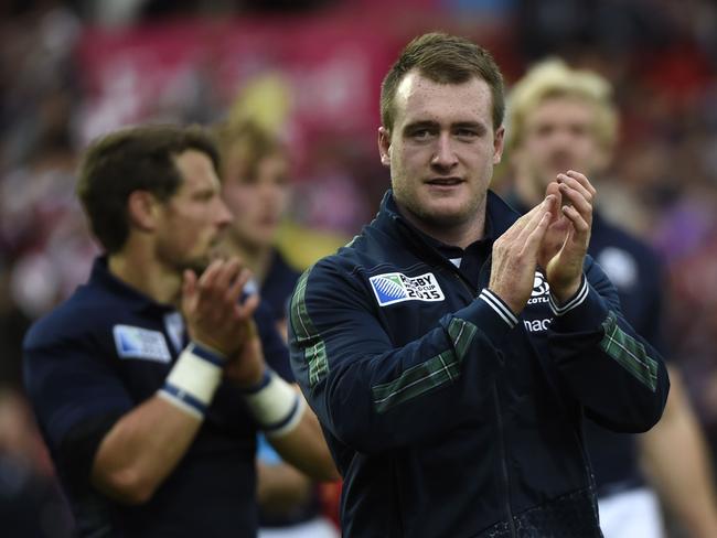 Scotland's full-back Stuart Hogg applauds at the end of the Pool B match.