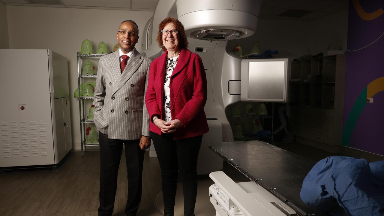 Dr Raef Awad radiation oncologist at Icon Cancer Centre in Hobart with Alison Ferguson who had treatment for breast cancer with the new technology that eliminates the need for tattoo marks for breast cancer radiation therapy. Picture: Nikki Davis-Jones