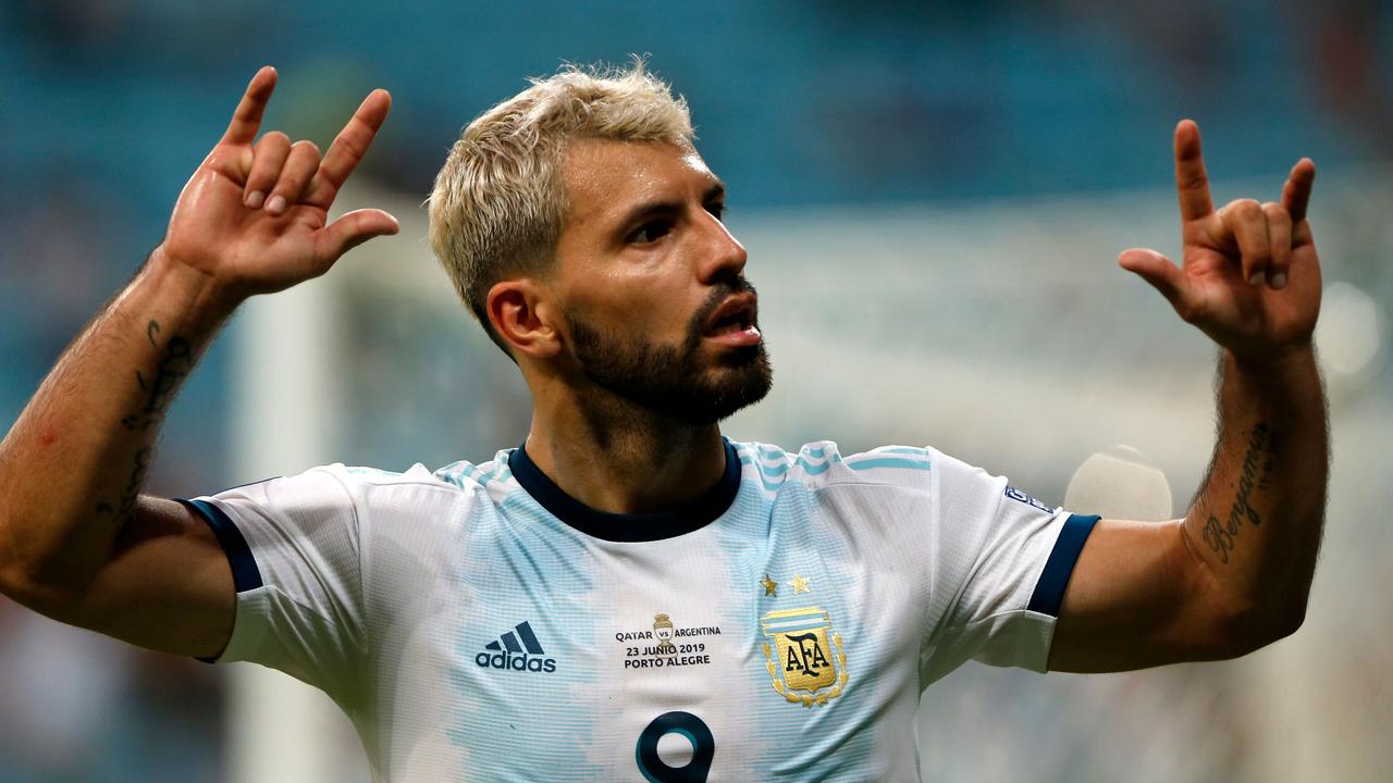 Argentina's Sergio Aguero celebrates after scoring against Qatar.