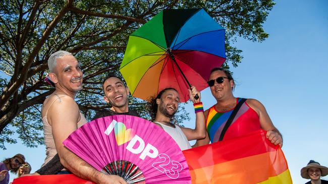 Patrice, Cedric, Nicolas and Sun as Pride Parade takes off in Darwin City, 2024. Picture: Pema Tamang Pakhrin