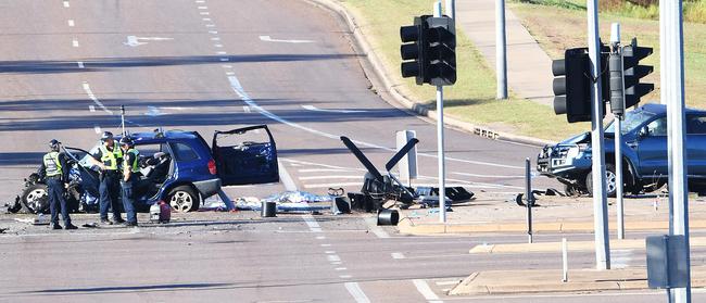 Two people died in the crash on Tiger Brennan Dr and Berrimah Rd. Picture: Katrina Bridgeford