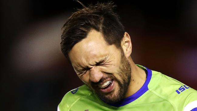 SYDNEY, AUSTRALIA - JULY 20: Jordan Rapana of the Raiders looks dejected as he leaves the field after being sin binned during the round 19 NRL match between the Cronulla Sharks and the Canberra Raiders at Southern Cross Group Stadium on July 20, 2018 in Sydney, Australia. (Photo by Mark Kolbe/Getty Images)