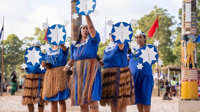 Denna Nona, Lalitha Ahmat, Michaela Nona, Stephan Salee and Louisa Salee Usal perform the pleiades constellation dance. Picture: Pema Tamang Pakhrin