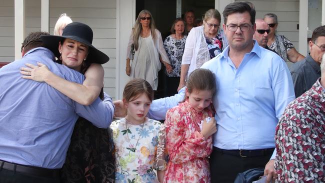 Funeral for Susan Zimmer and Steffanie Zimmer at Mudgeeraba Showgrounds on the Gold Coast. Family and friends at the ceremony, including Claudine Snow, watch the coffins taken from the hall. Picture Glenn Hampson