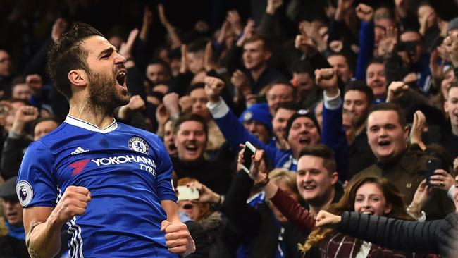 Chelsea's Spanish midfielder Cesc Fabregas celebrates scoring.