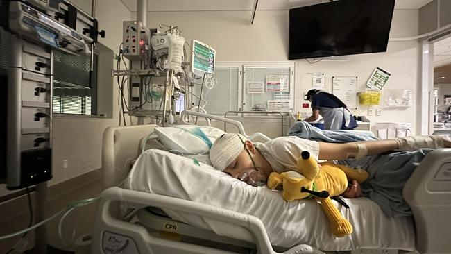 Doctors at Townsville Hospital have removed a tumour and cyst the size of a tennis ball in 13-year-old Jett Dow's brain. Picture: Supplied