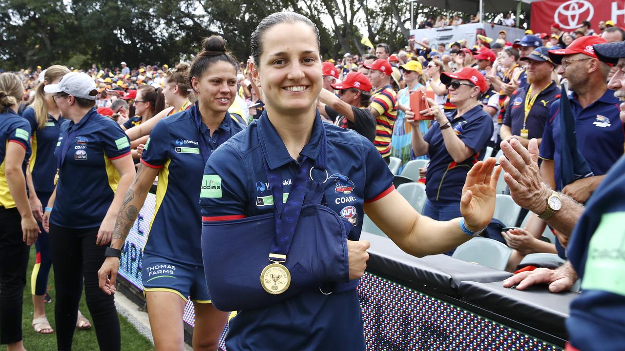 Heather Anderson after winning the inaugural AFLW premiership in 2017. Picture: Sarah Reed