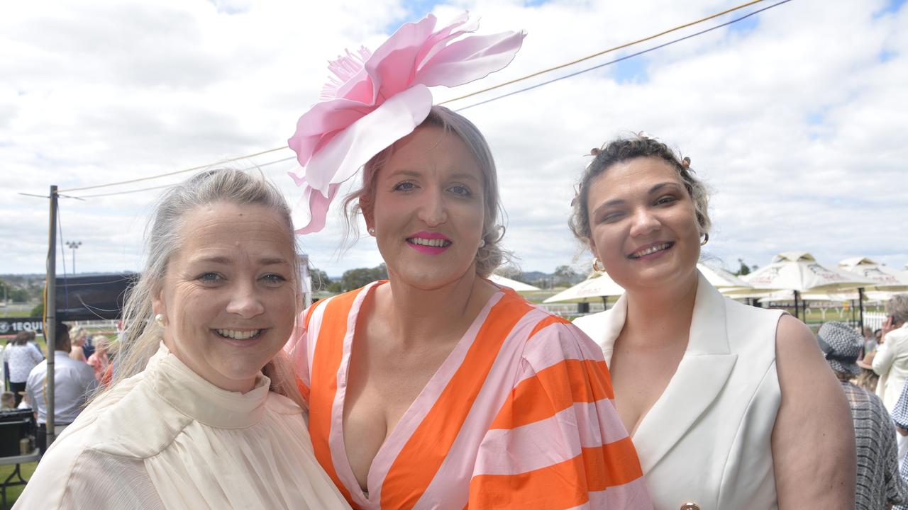 Liz Franz, Emma Voll and Britt Walkinshaw at the 2023 Audi Centre Toowoomba Weetwood race day at Clifford Park Racecourse.