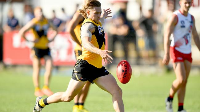 Jay Dahlhaus of Werribee kicks one of his three goals on Saturday. (Photo by Josh Chadwick/AFL Photos/via Getty Images)