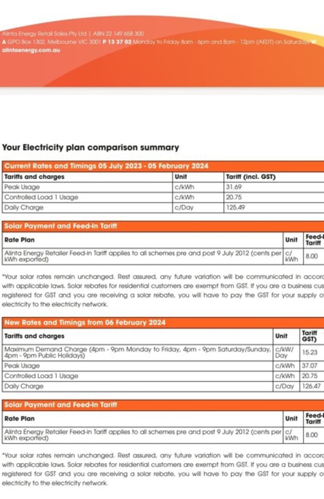 Information given to customers about their smart bill showing the 15.23 cents additional charge during peak hours.