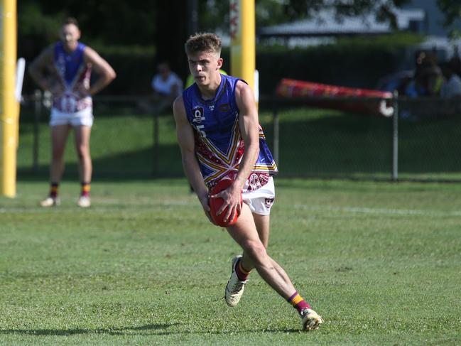 Pictured (l-r): Lions defender Nicholas Johnson and Lions midfielder Beau Flint. Cairns City Lions v Cairns Saints at Griffiths Park. Round 7. AFL Cairns 2024. Photo: Gyan-Reece Rocha