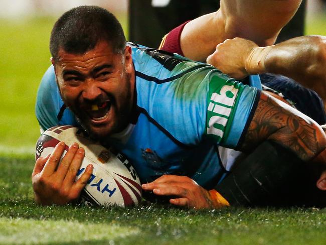 Andrew Fifita scores during game one of the State of Origin series in Brisbane. Picture: Getty Images