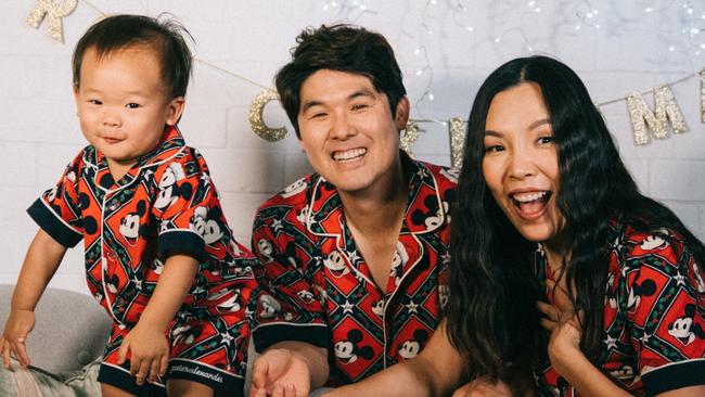 EMBARGOED FOR NETWORK FOR TILL SUNDAY 3RD OF DECEMBER 2023 Dami Im family in xmas pajamas Noah Kim , Dami and baby  Harrison.Supplied