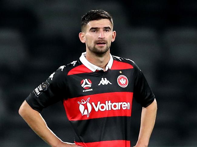 SYDNEY, AUSTRALIA - MAY 26: Steven Ugarkovic of the Wanderers reacts during the A-League match between Western Sydney Wanderers and Wellington Phoenix at Bankwest Stadium, on May 26, 2021, in Sydney, Australia. (Photo by Brendon Thorne/Getty Images)