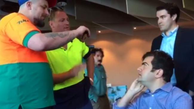 White nationalist thugs take aim at Labor senator Sam Dastyari and subject him to a stream of racist abuse. (Pic: Facebook)