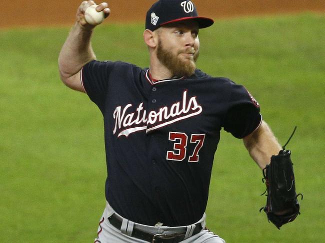 HOUSTON, TEXAS - OCTOBER 29: Stephen Strasburg #37 of the Washington Nationals delivers the pitch against the Houston Astros during the ninth inning in Game Six of the 2019 World Series at Minute Maid Park on October 29, 2019 in Houston, Texas.   Bob Levey/Getty Images/AFP == FOR NEWSPAPERS, INTERNET, TELCOS & TELEVISION USE ONLY ==