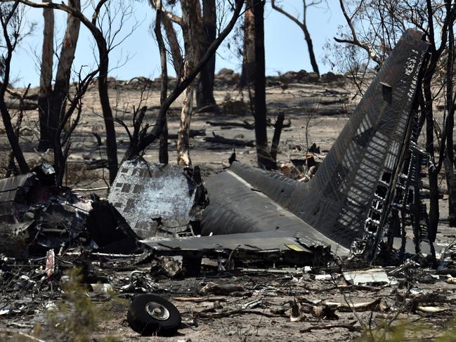 Wreckage of the C-130 large air tanker which crashed while tasked with dropping retardant on a bushfire near Cooma. Picture: Sam Mooy/Getty