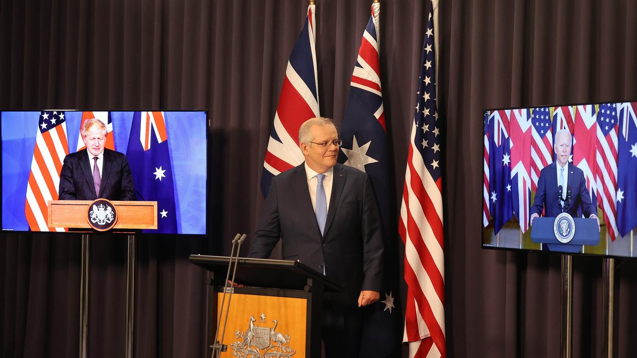 Australian Prime Minister Scott Morrison spoke with the President of the United States Joe Biden and the Prime Minister of the United Kingdom Boris Johnson when they announced the creation of an enhanced trilateral security partnership called AUKUS. Picture: Newswire/Gary Ramage