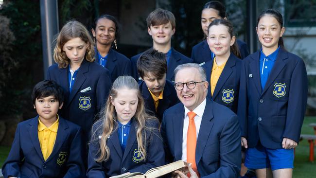 Prime Minister Anthony Albanese is pictured with Year 6 Students at Marrickville Public School, to launch the 2023 Spelling Bee competition. Picture: Julian Andrews