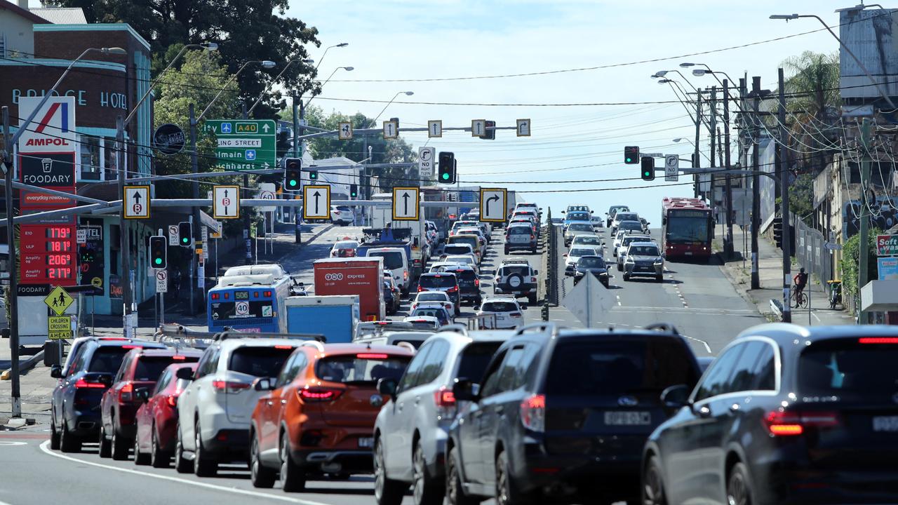 Commuter traffic coming off the Iron Cove Bridge on Victoria Road at Rozelle, heading in to the city. Picture: Richard Dobson