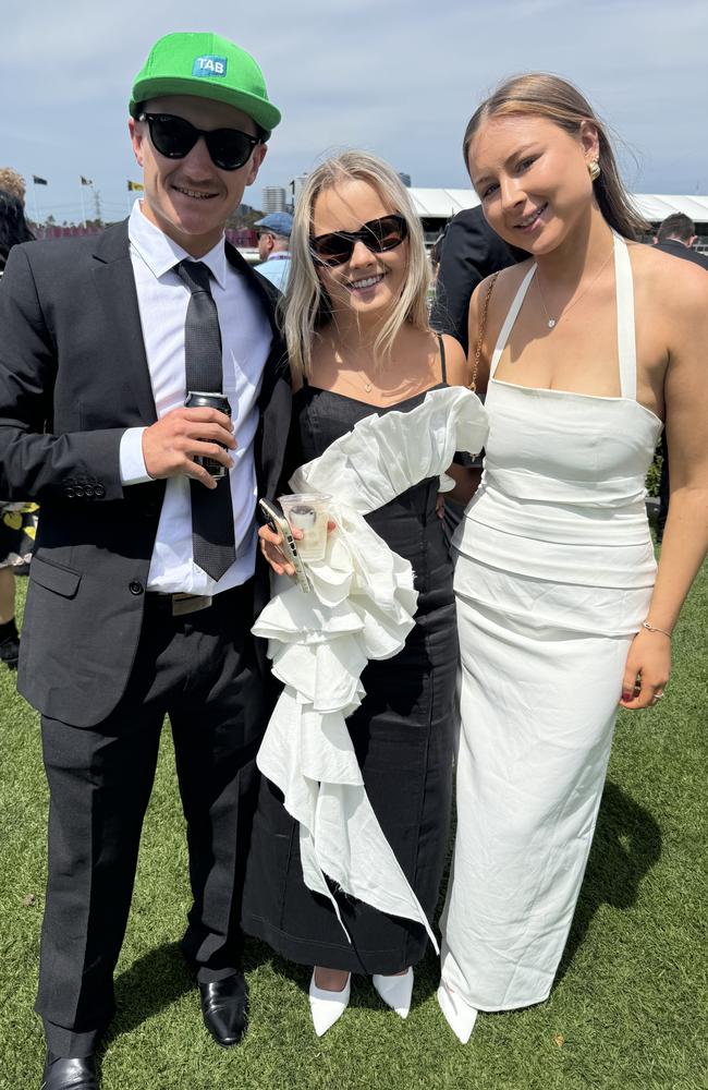 Josh McDonnell, Josie Wakeling and Annabelle Williams at Flemington for Derby Day on November 2, 2024. Picture: Phillippa Butt