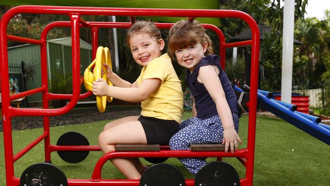 Pictured at Lizards Preschool and Long Day Care at Hawkesbury Heights in Sydney are 4 year olds Zahli Fitzgerald and Madeleine Doyle. Sydney is experiencing an ongoing lack of availability for childcare. Picture: Richard Dobson