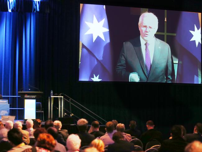 The Prime Minister Scott Morrison speaks, via video link at LNP Conference, Brisbane Convention Centre, South Brisbane , on Sunday 25th July 2021 - Photo Steve Pohlner