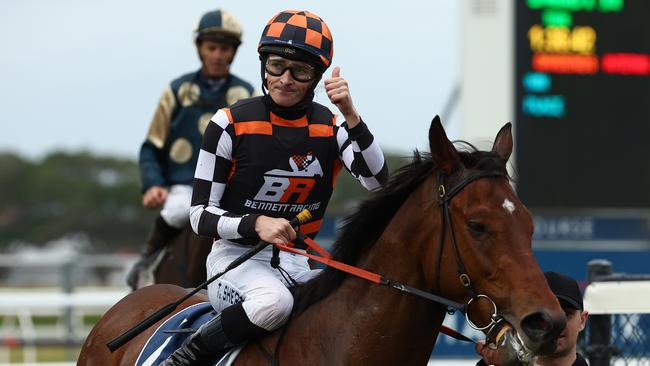 Tom Sherry gives the ‘thumbs up’ after riding Magnaspin to victory in The Coast at Newcastle. Picture: Getty Images