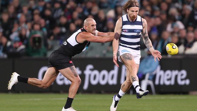 Sam Powell-Pepper is 34.4 fewer rankings points in Port Adelaide losses than he is in wins this year. Picture: Sarah Reed/AFL Photos via Getty Images