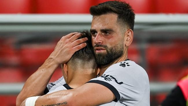 Bernardo Oliveira and Peter Makrillos of Macarthur FC celebrate the win. Photo by Mark Brake/Getty Images