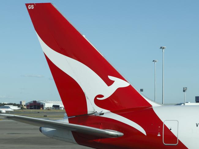 Brisbane, Australia - August 18, 2011: Qantas is an Australian airline with an international reputation for safety and quality. It is known for its distinctive kangaroo design on the aircraft tail. Here is a Qantas 767 tail at Brisbane airport.