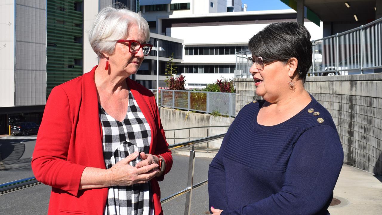 Independent candidate Margaret Strelow and Fe Stanger at Rockhampton Hospital. Picture: Aden Stokes