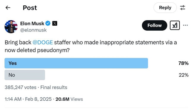 Mr Musk polled X users as to whether he should rehire Mr Elez. Picture: X