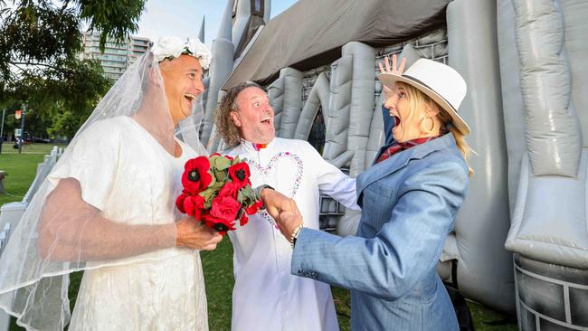 Rev Duncan Pritchard marrying Fi and Mark Abraham on Valentine’s Day at The Inflatable Church. Picture: Russell Millard