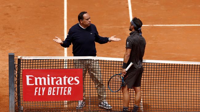 ROME, ITALY – MAY 14: Fabio Fognini of Italy argues with the umpire during the Men's Singles Round of 32 match against Holger Rune of Denmark during Day Seven of the Internazionali BNL D'Italia 2023 at Foro Italico on May 14, 2023 in Rome, Italy. (Photo by Alex Pantling/Getty Images)