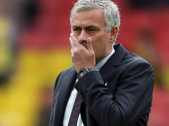 Manchester United manager Jose Mourinho looks across the pitch before the English Premier League soccer match between Watford and Manchester United at Vicarage Road in London, Sunday Sept. 18, 2016. (AP Photo/Tim Ireland)